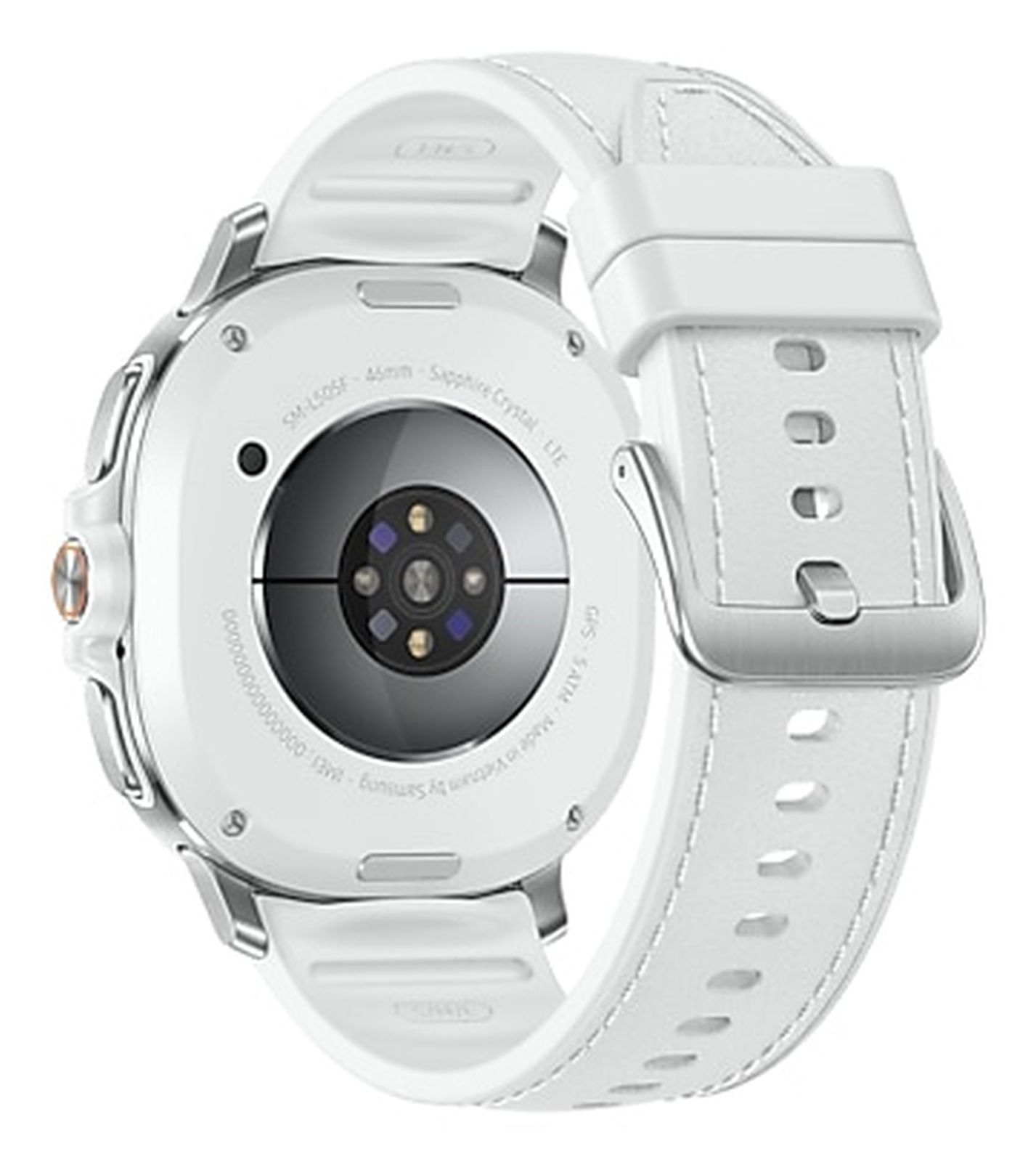 Vista posteriore di uno smartwatch bianco con cinturino bianco, fibbia argentata e sensore nero sul retro.