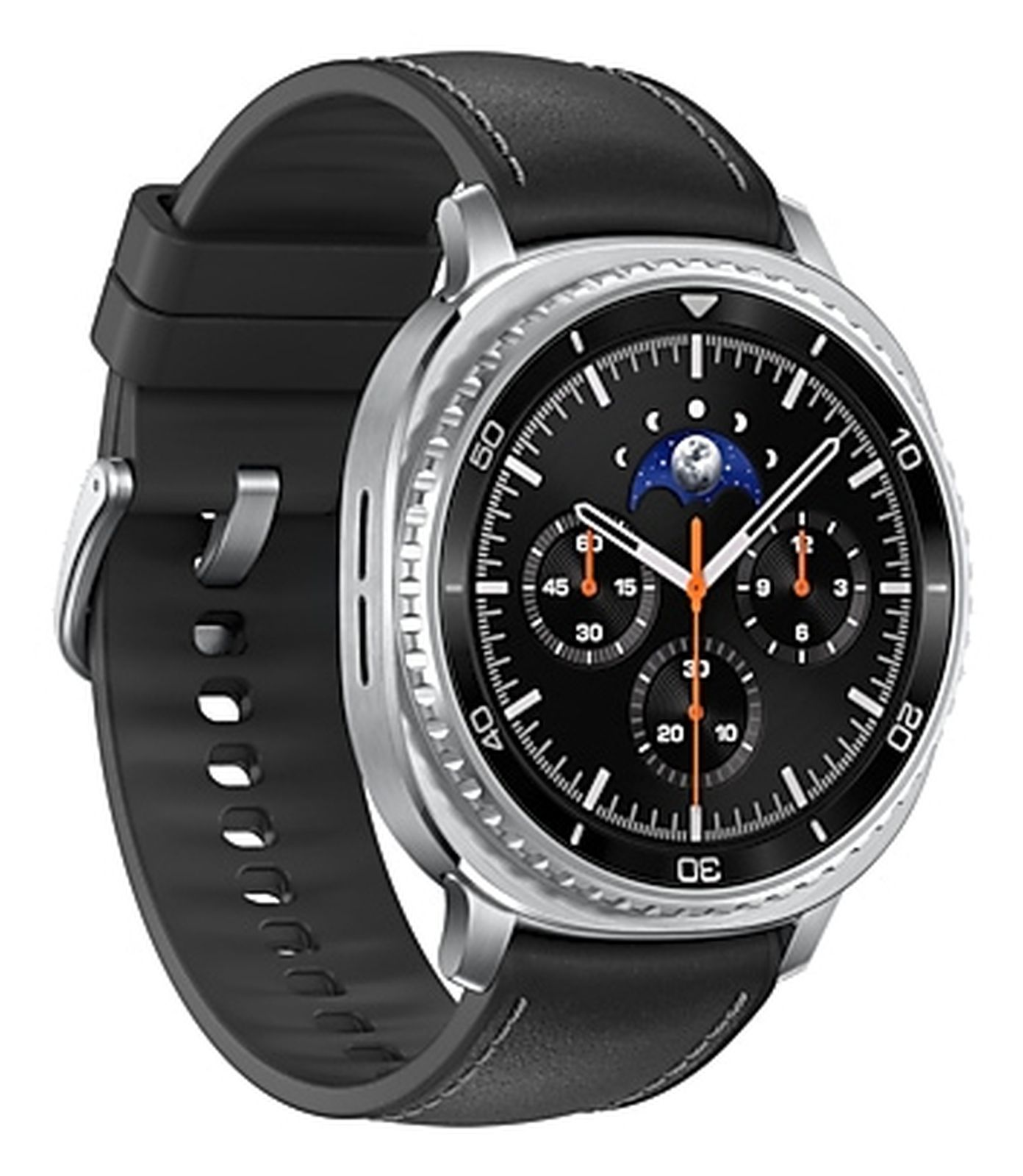 Nahaufnahme einer Smartwatch mit schwarzem Zifferblatt und schwarzem Lederarmband, die die Uhrzeit und andere Funktionen anzeigt.