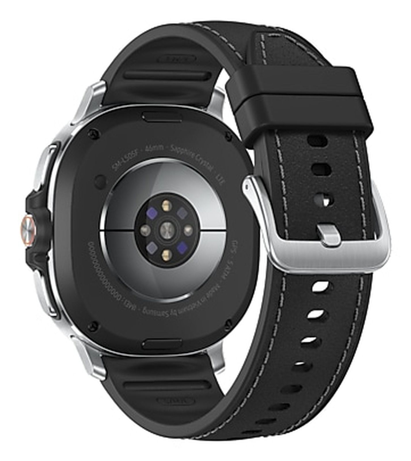 Schwarze Smartwatch mit schwarzem Lederarmband. Die Uhr hat eine silberne Lünette. Die Rückseite zeigt Sensoren und Text.