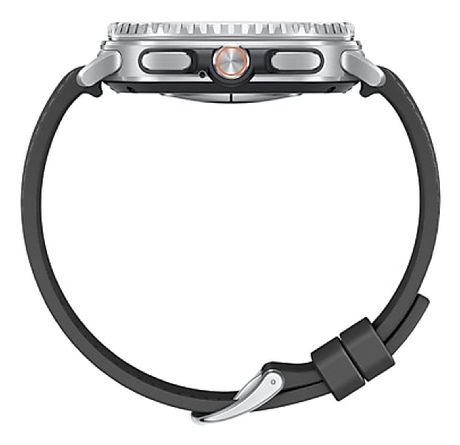 Seitenansicht einer Smartwatch mit silbernem Gehäuse, schwarzem Armband und silberner Schnalle. Die Uhr hat ein schwarzes Armband.