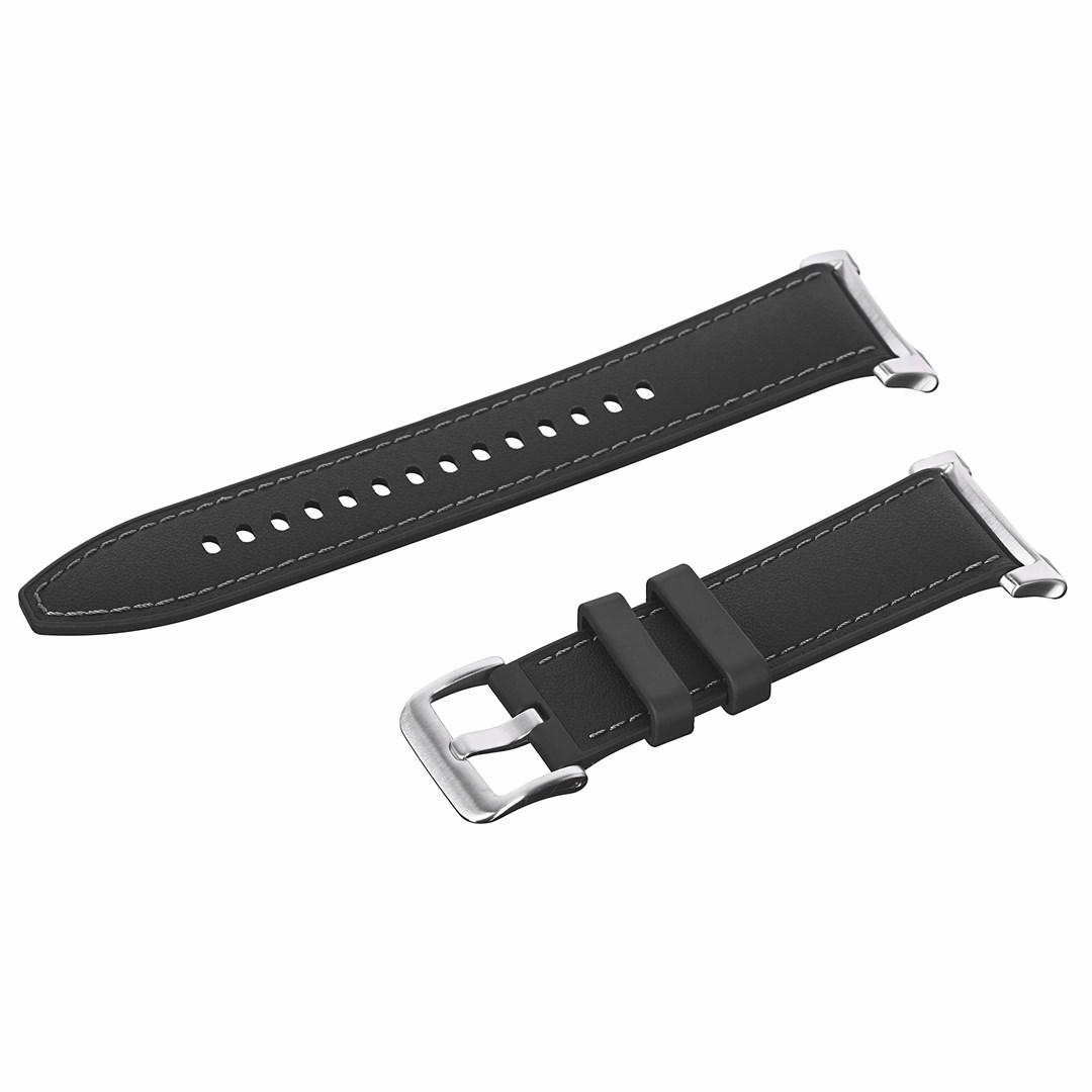 Zwei schwarze Uhrenarmbänder mit silbernen Metallenden und Schnalle. Ein Armband hat Löcher. Weiße Nähte säumen die Ränder.