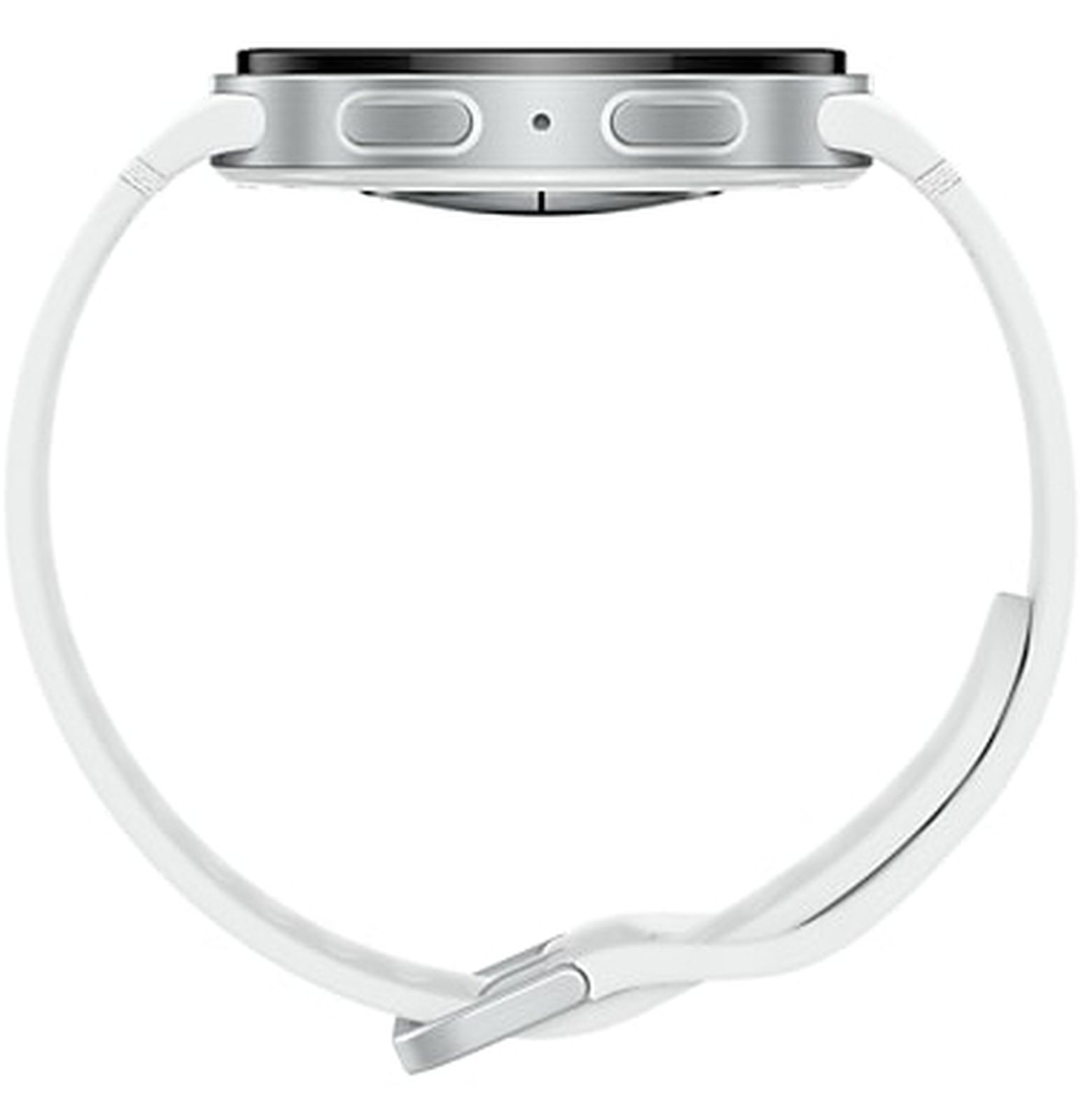 Eine weiße Smartwatch mit weißem Armband, Verschluss sichtbar. Das Zifferblatt ist silberfarben mit zwei Knöpfen.