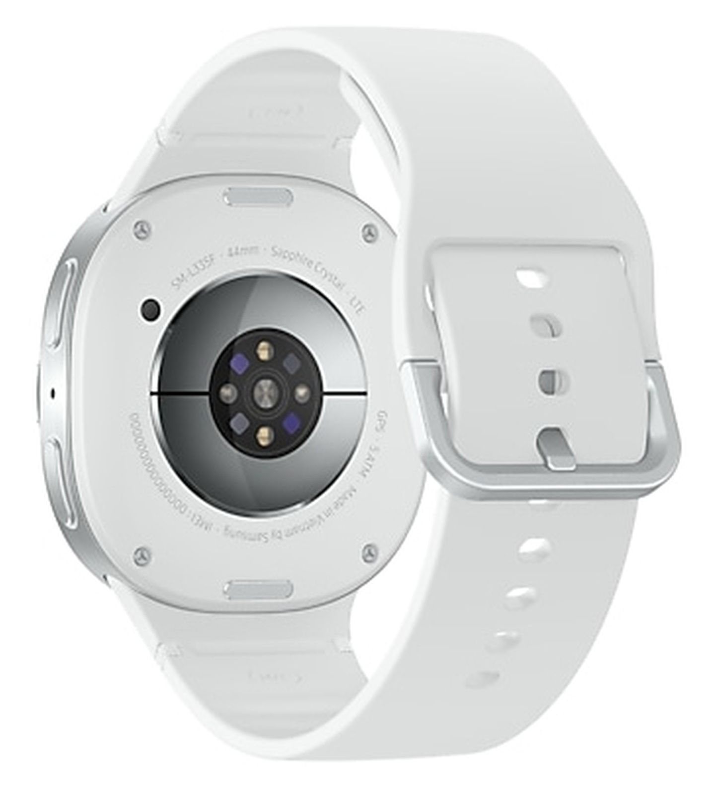 Eine weiße Smartwatch mit weißem Armband, die die Unterseite mit Sensoren und Etiketten zeigt.