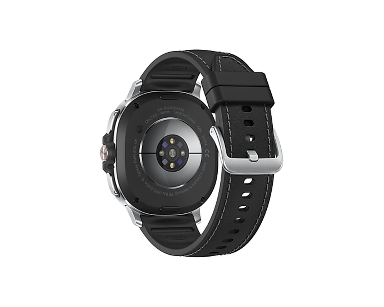 Retro dell'orologio intelligente nero, lunetta argentata, cinturino nero con cuciture bianche. Sensori visibili e informazioni sul prodotto sul retro.