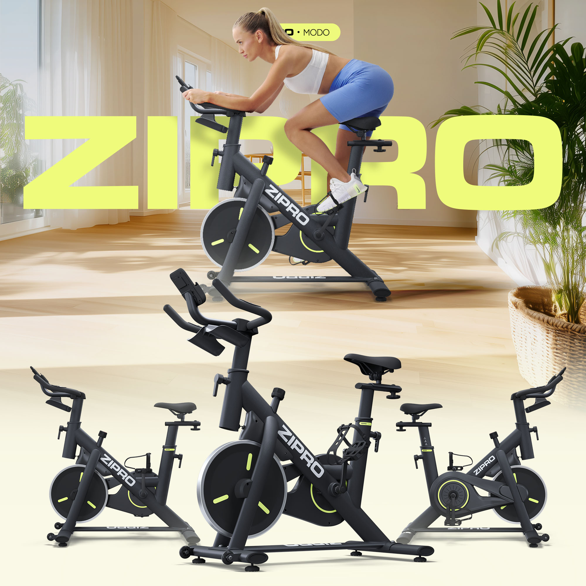 Eine Frau trainiert auf einem Zipro-Heimtrainer. Weitere Fahrräder sind im Hintergrund zu sehen. Das Wort ZIPRO ist prominent.