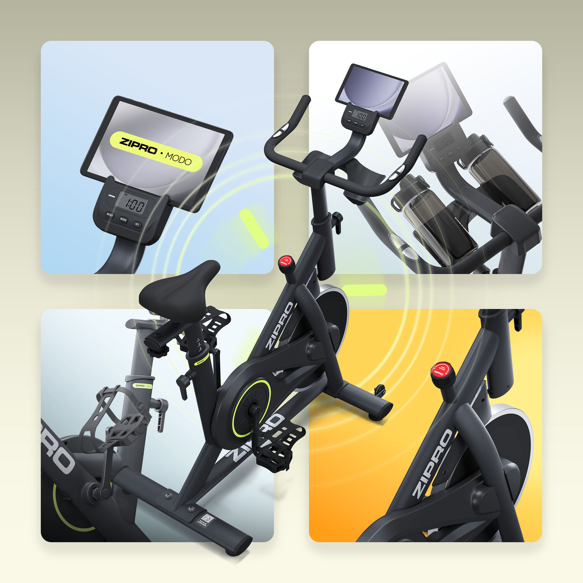 Das Bild zeigt ein Zipro MODO-Heimtrainer mit Details zu Konsole, Sitz, Pedalen und Rahmen. Der Hintergrund ist eine Farbmischung.