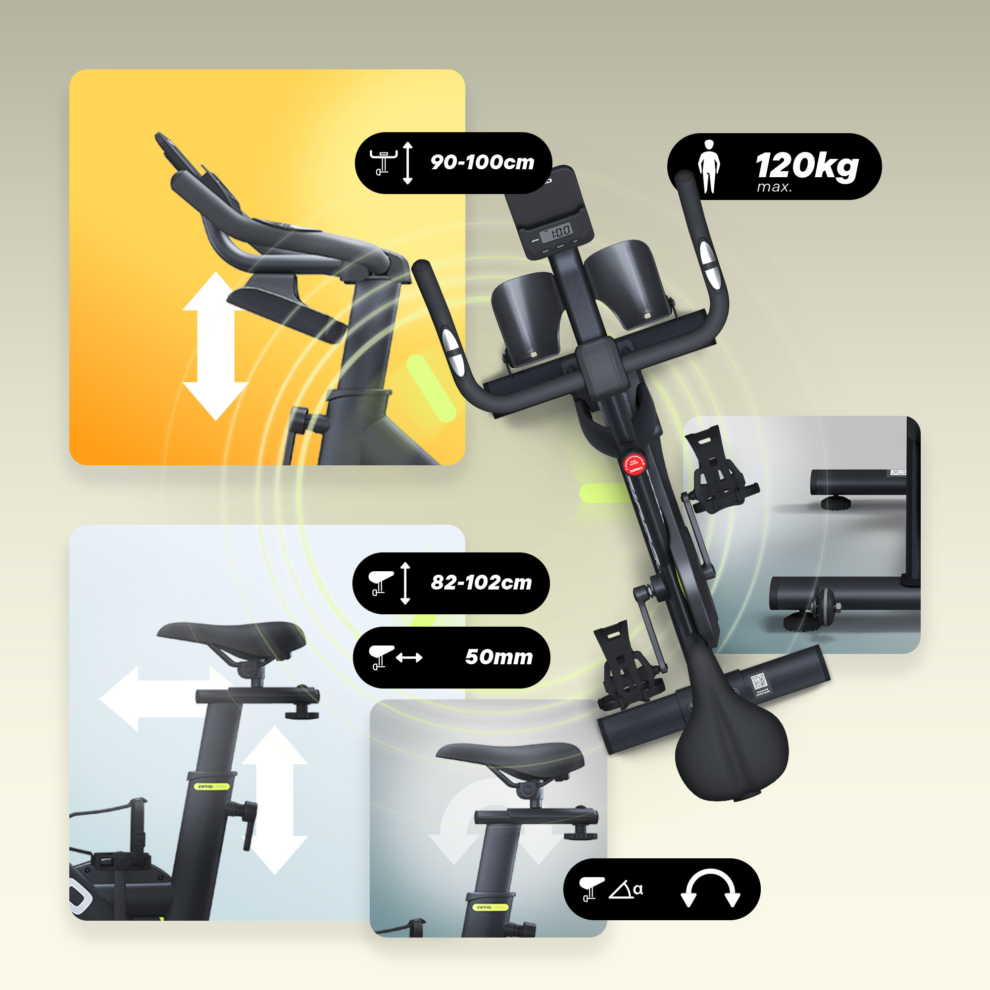 Ein Trainingsfahrrad mit Diagrammen, die verstellbaren Sitz, Lenker und maximales Gewicht von 120 kg anzeigen. Es ist schwarz und grau.
