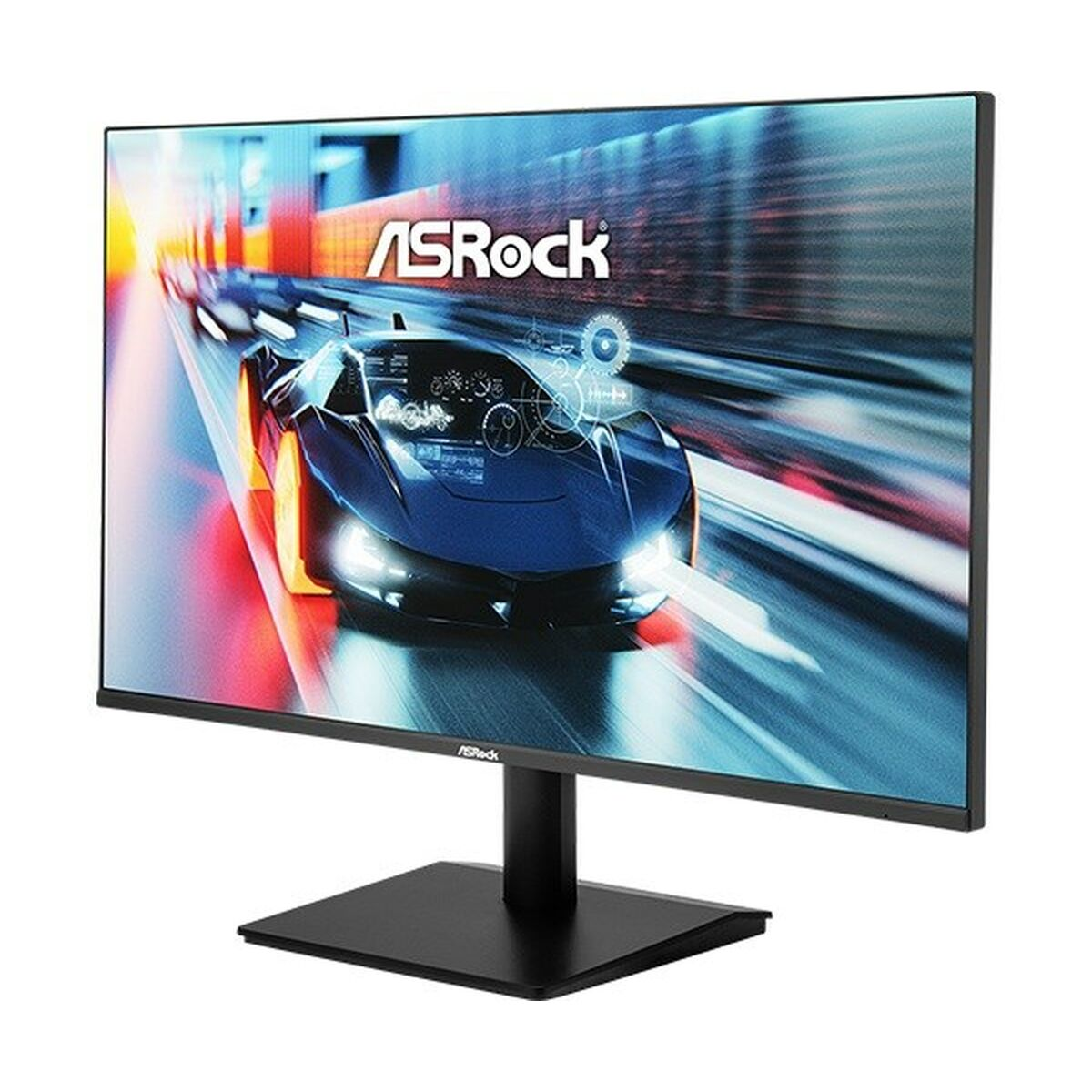 Monitor ASRock wyświetla niebieski samochód sportowy na dynamicznym tle. Monitor jest czarny, z czarną podstawą.