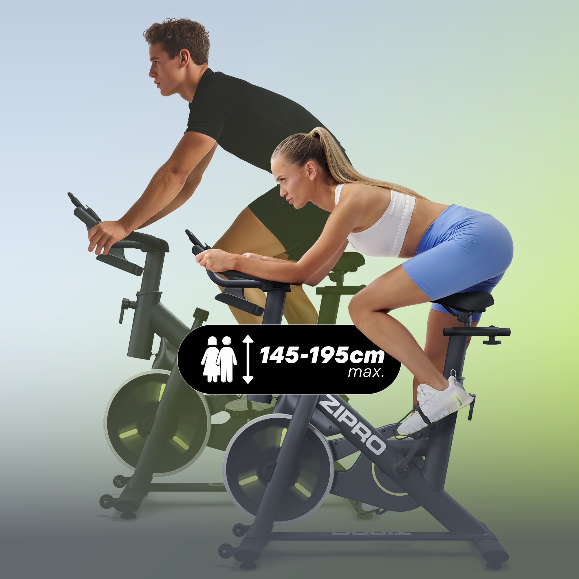 Un hombre y una mujer montan en bicicletas estáticas. La altura es 145-195cm. Las bicicletas son de la marca ZIPRO.