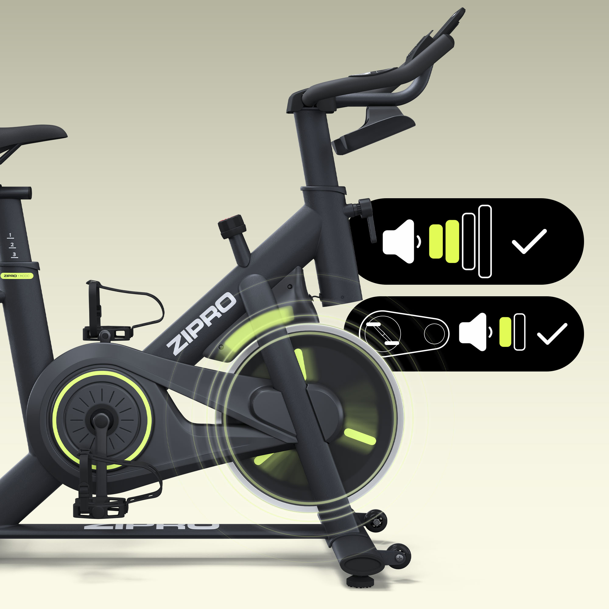 Schwarzes stationäres Fahrrad mit neongrünen Akzenten und Toneinstellungen. Das Fahrrad hat einen Bildschirm mit Tonpegeln.