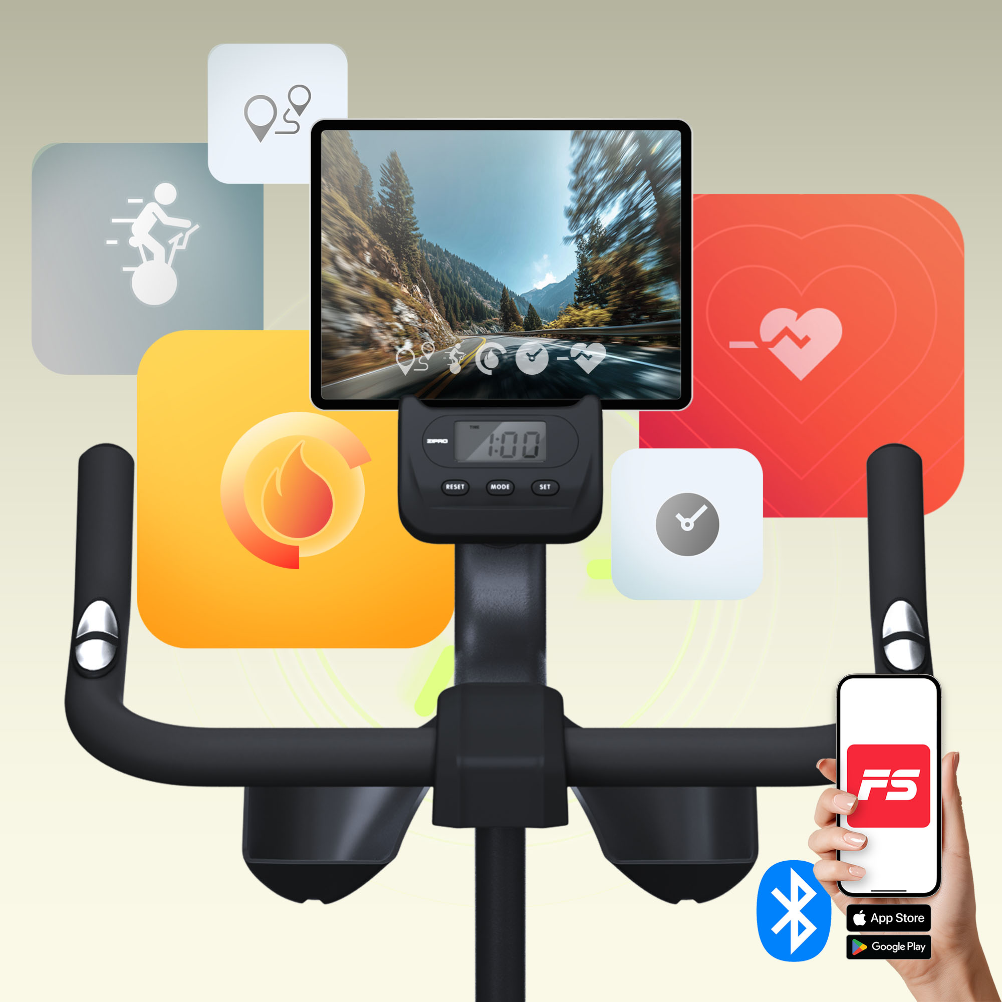 Heimtrainer mit Tablet, das eine Straße zeigt. Symbole für Standort, Herz und App sind sichtbar. Ein Telefon zeigt die App.