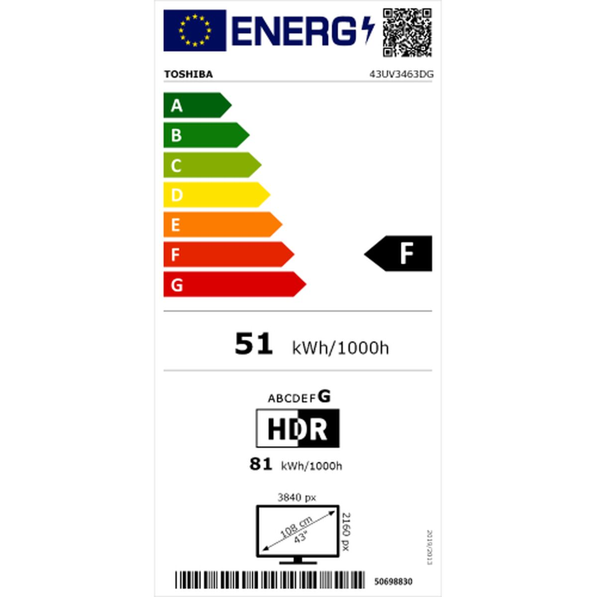 Etykieta energetyczna dla telewizora Toshiba. Wyświetla klasy efektywności energetycznej A-G, HDR i kluczowe specyfikacje, jak rozmiar i zużycie.