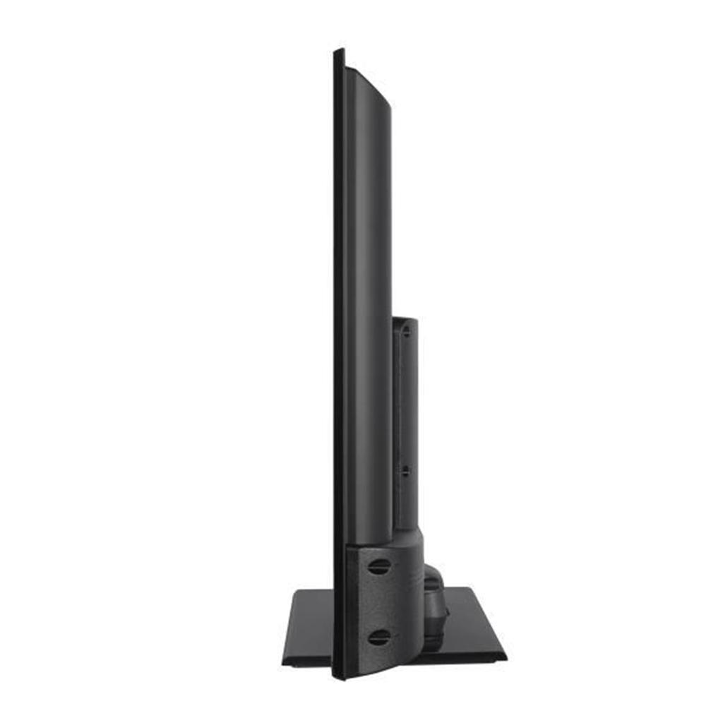 Widok z boku czarnego telewizora z płaskim ekranem na czarnym stojaku. Ekran jest cienki, a podstawa ma prostokątną podstawę.
