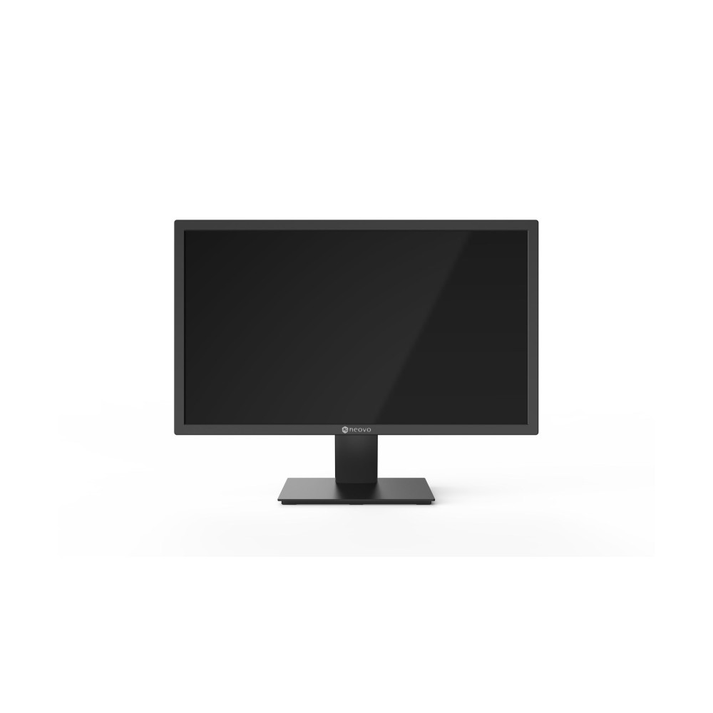 Un monitor di computer nero su sfondo bianco. Ha un supporto e un logo "neovo".
