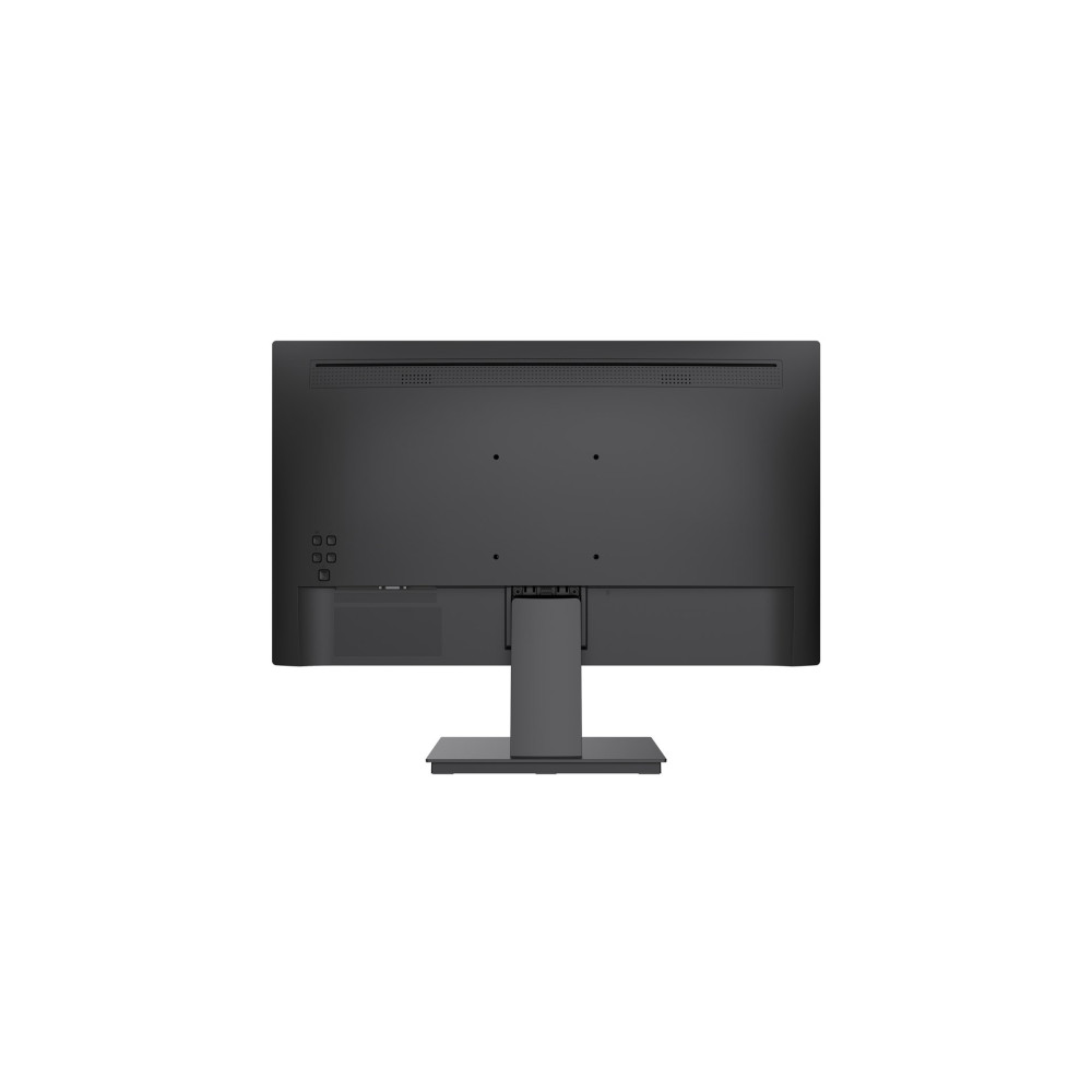 Vista posteriore di un monitor nero, con porte e supporto. Lo sfondo è bianco.