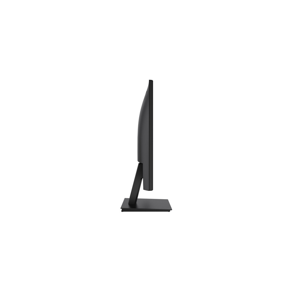 Vista laterale di un monitor del computer nero. Ha una cornice sottile e un supporto. Lo sfondo è bianco.