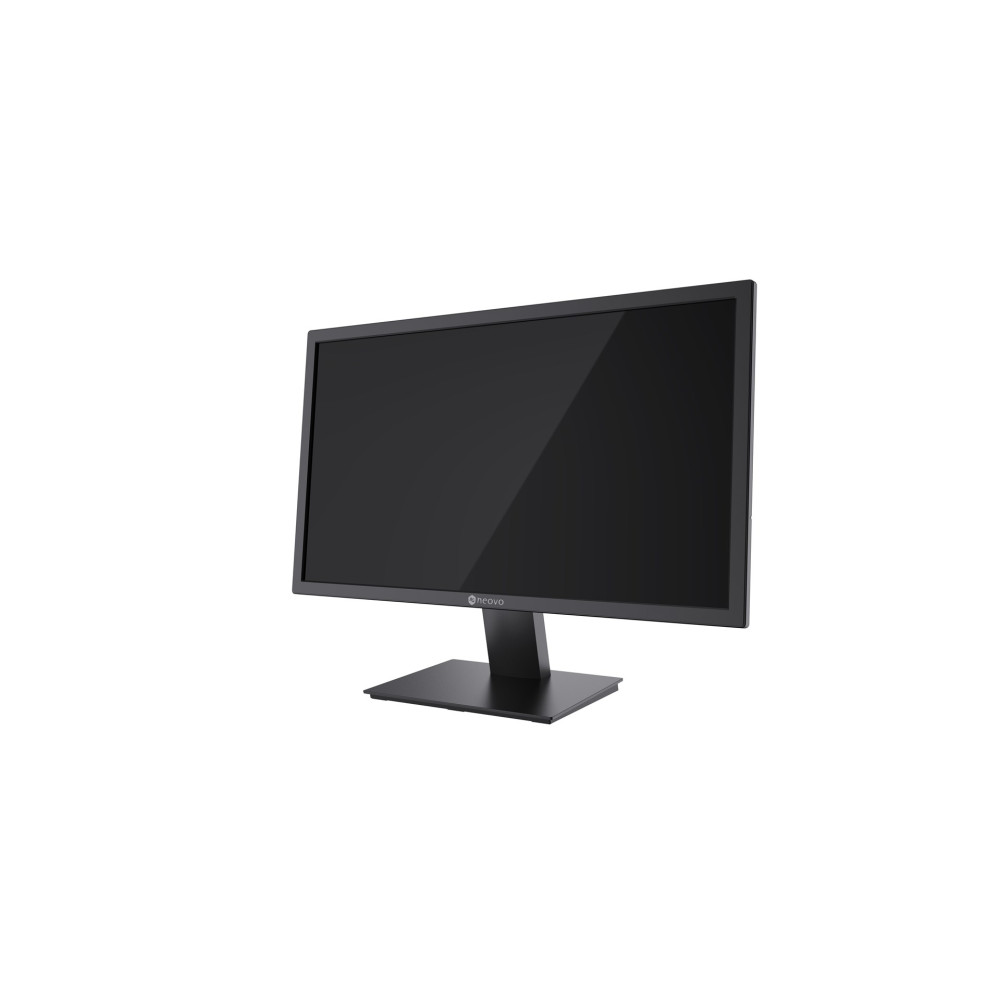 Un monitor nero su un supporto nero su sfondo bianco. Lo schermo è nero e mostra un logo.