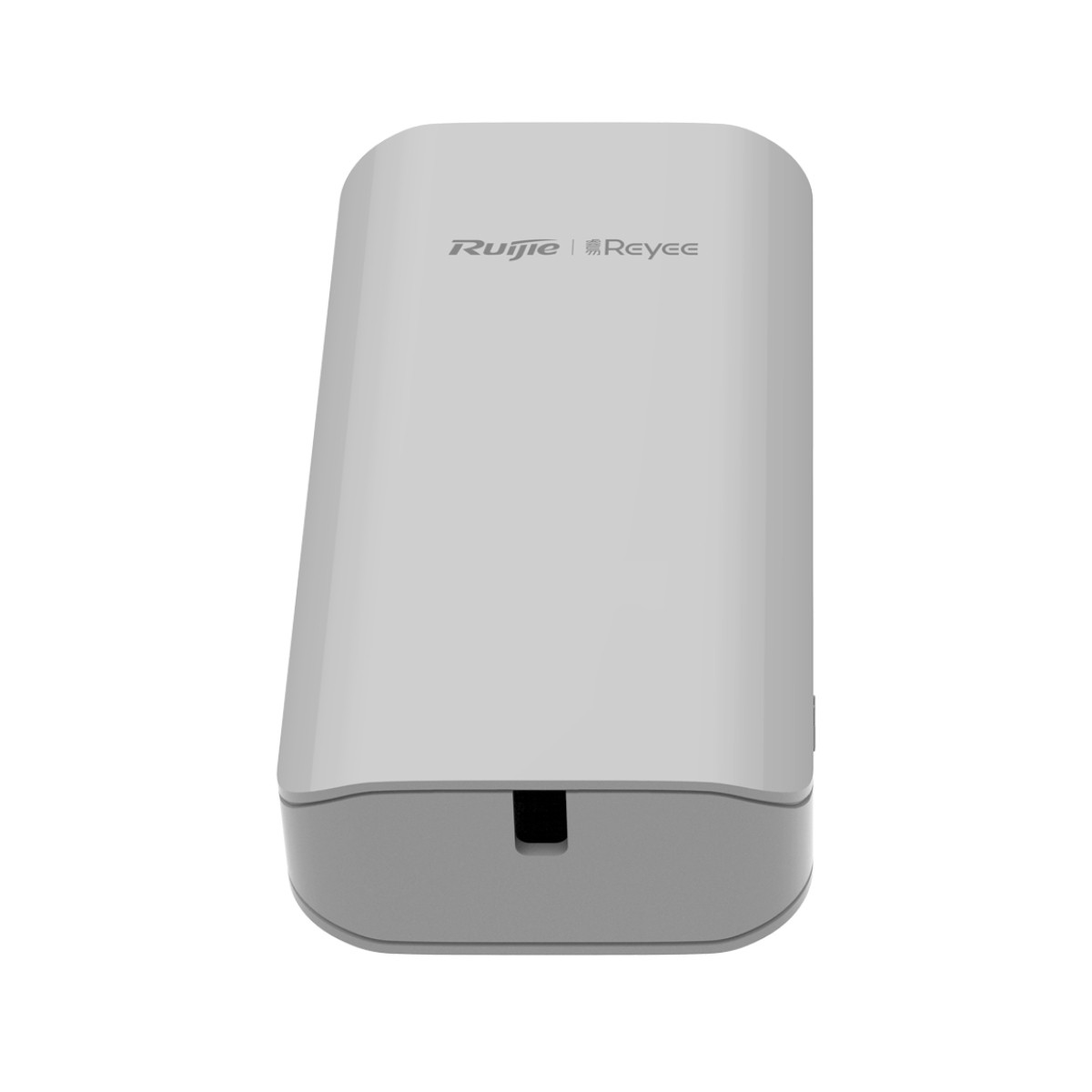 Un dispositivo rectangular blanco y gris con las palabras 'Ruijie Reyee' en la parte superior. Tiene un puerto negro rectangular en la parte inferior.