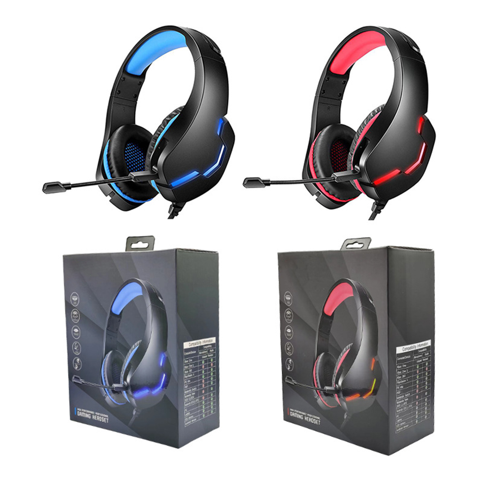 Zwei Gaming-Headsets, eines blau, eines rot, mit Boxen. Jedes Headset hat ein Mikrofon.
