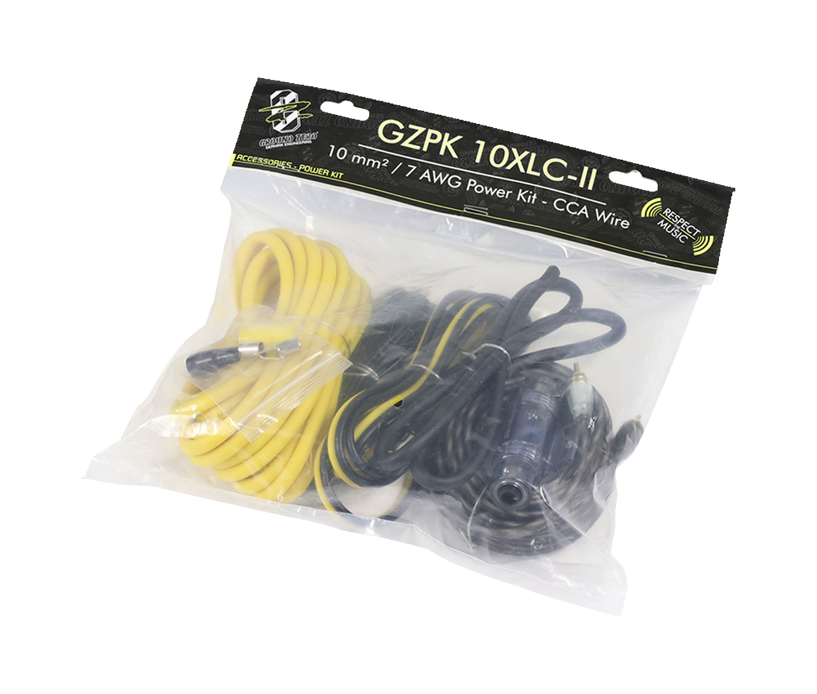 Eine transparente Plastiktüte enthält gelbe und schwarze Kabel und mehrere Anschlüsse. Auf der Verpackung steht GZPK 10XLC-II, Power Kit.