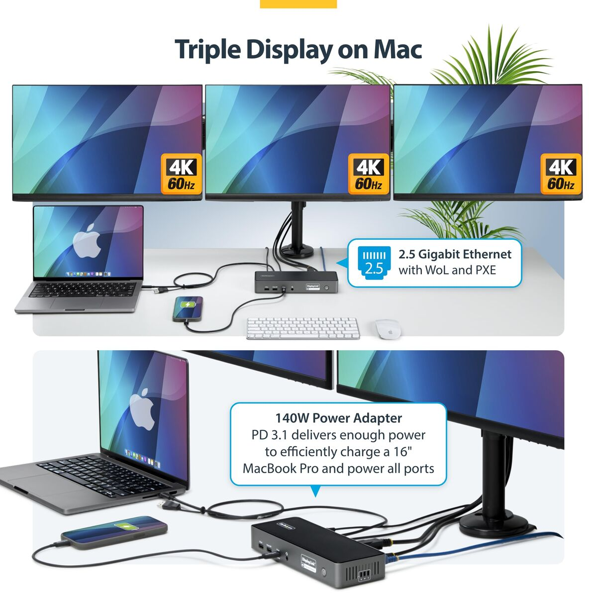 Das Bild zeigt ein Setup mit drei Monitoren, die eine Mac-Oberfläche anzeigen, verbunden mit einem Laptop und Zubehör.
