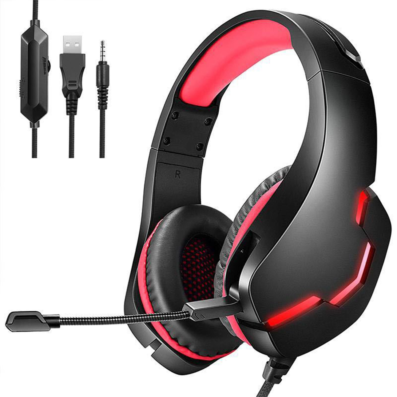 Schwarzes und rotes Gaming-Headset mit Mikrofon und verschiedenen Anschlusskabeln. Die Ohrmuscheln und das Kopfband haben rote Akzente.