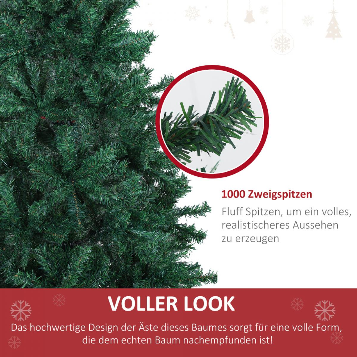Nahaufnahme eines grünen künstlichen Weihnachtsbaums, mit rundem Einsatz, der Astdetails zeigt. Text: 'Voller Look' und '1000 Spitzen'.