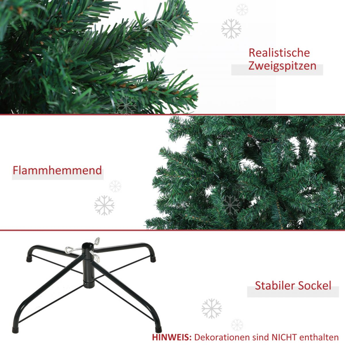 Das Bild zeigt einen Weihnachtsbaum mit realistischen Spitzen, flammhemmend und einem stabilen Sockel. Dekorationen sind nicht enthalten.