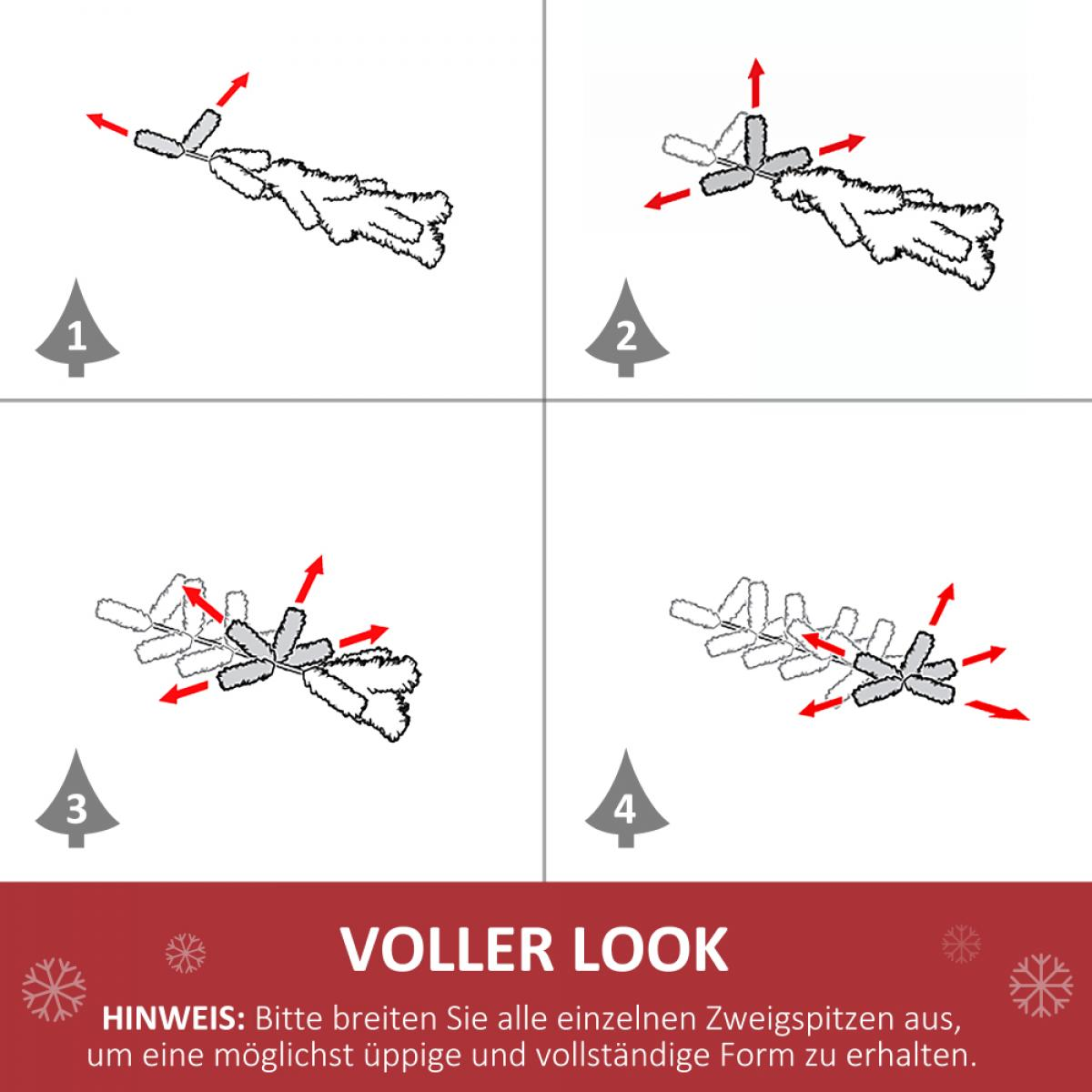 Diagramm zeigt Schritte 1-4 zum Anordnen von Zweigen. Pfeile zeigen, wie man sie für einen vollen Look ausbreitet. Text erklärt den Vorgang.
