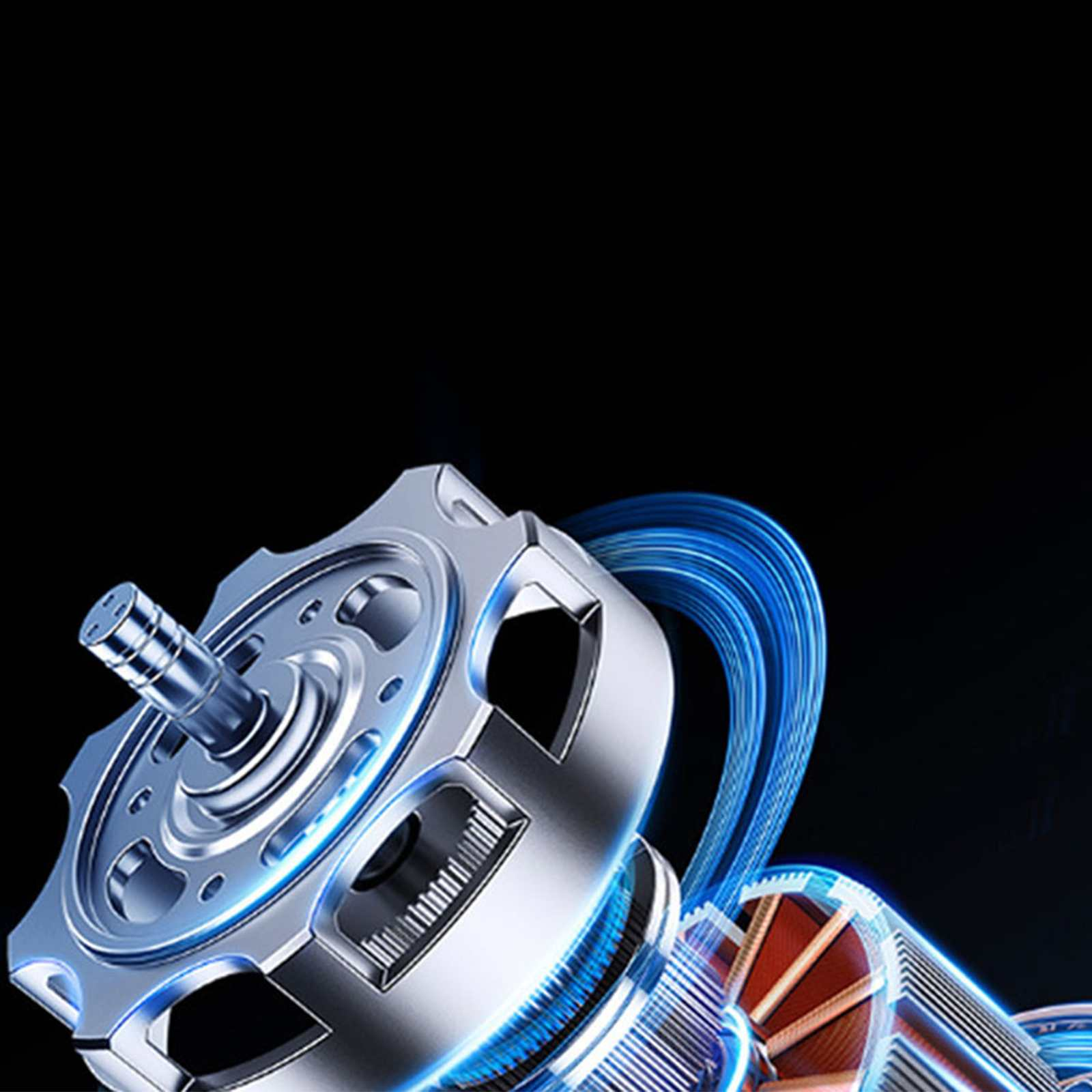 Nahaufnahme einer metallischen Motorkomponente mit blauen Energielinien vor schwarzem Hintergrund. Das Design ist industriell.