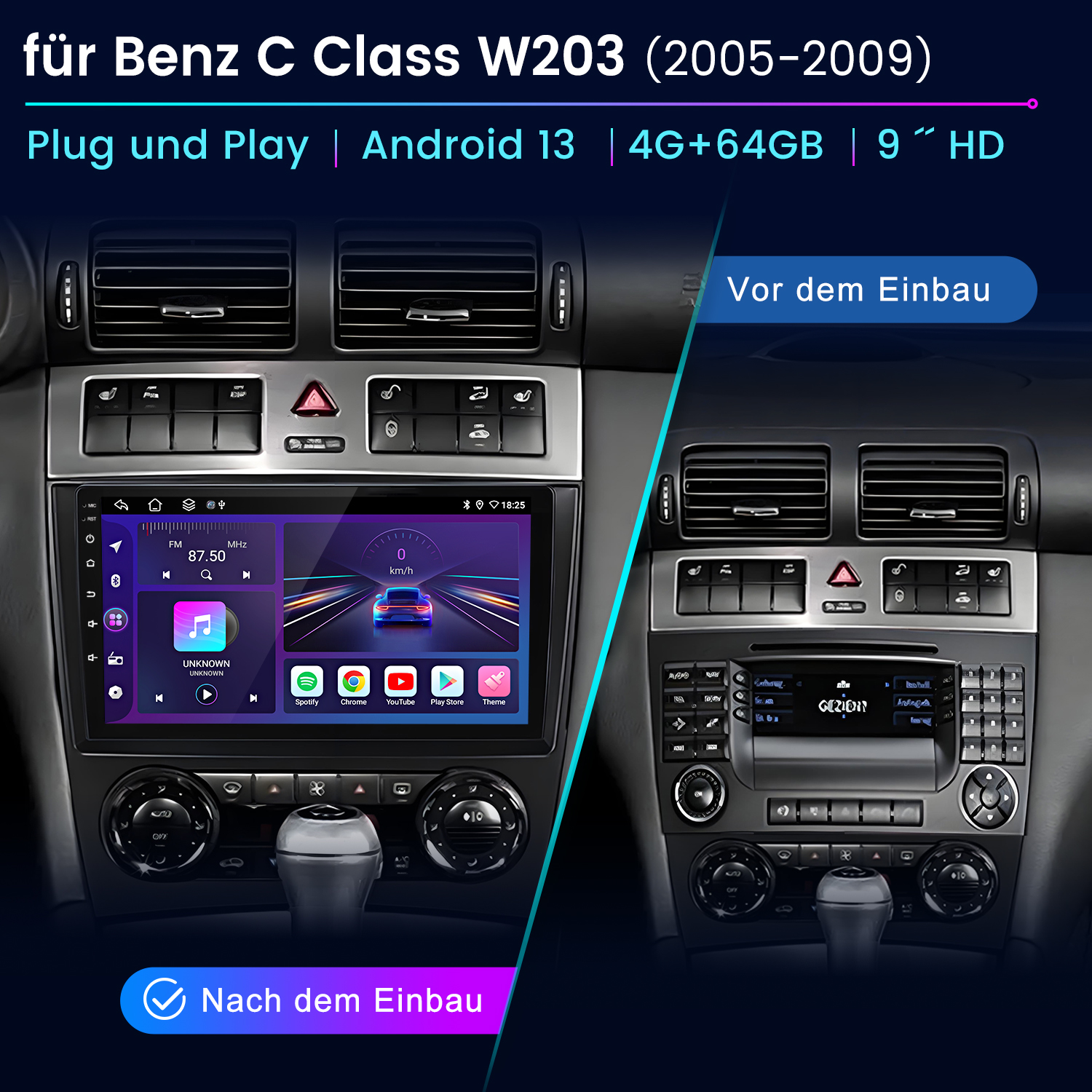 Das Bild zeigt das Armaturenbrett eines Autos vor und nach der Installation eines neuen Android-Systems.