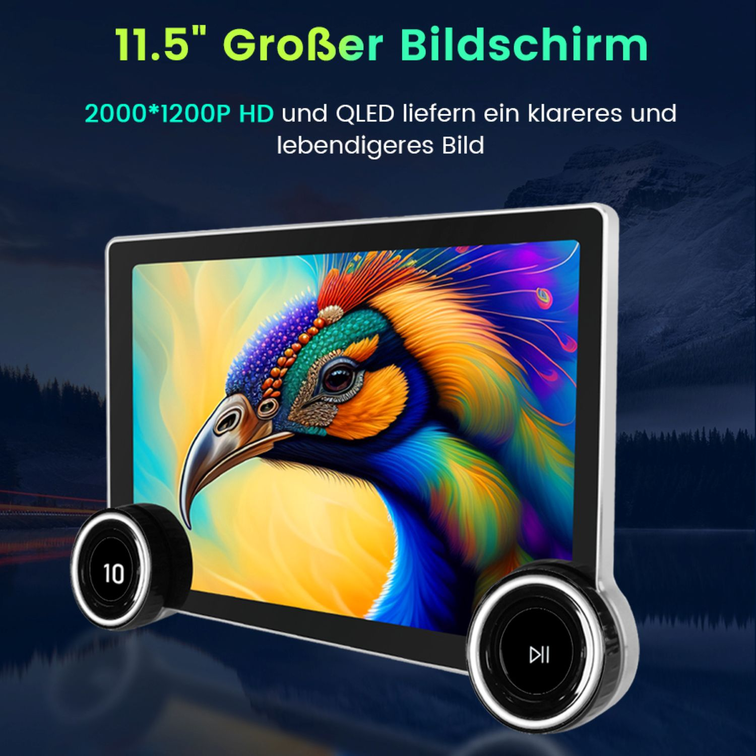 Tablet mit farbenfrohem Vogelbild auf dem Bildschirm, umgeben von schwarzen Bedienelementen. Text: '11.5" Großer Bildschirm'.