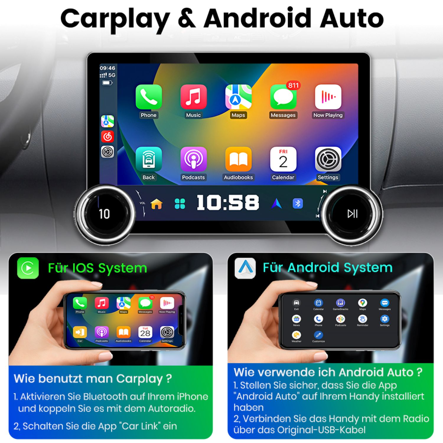 Ein Auto-Infotainmentsystem-Bildschirm zeigt App-Symbole, Uhrzeit und Anweisungen zur Einrichtung von CarPlay und Android Auto.