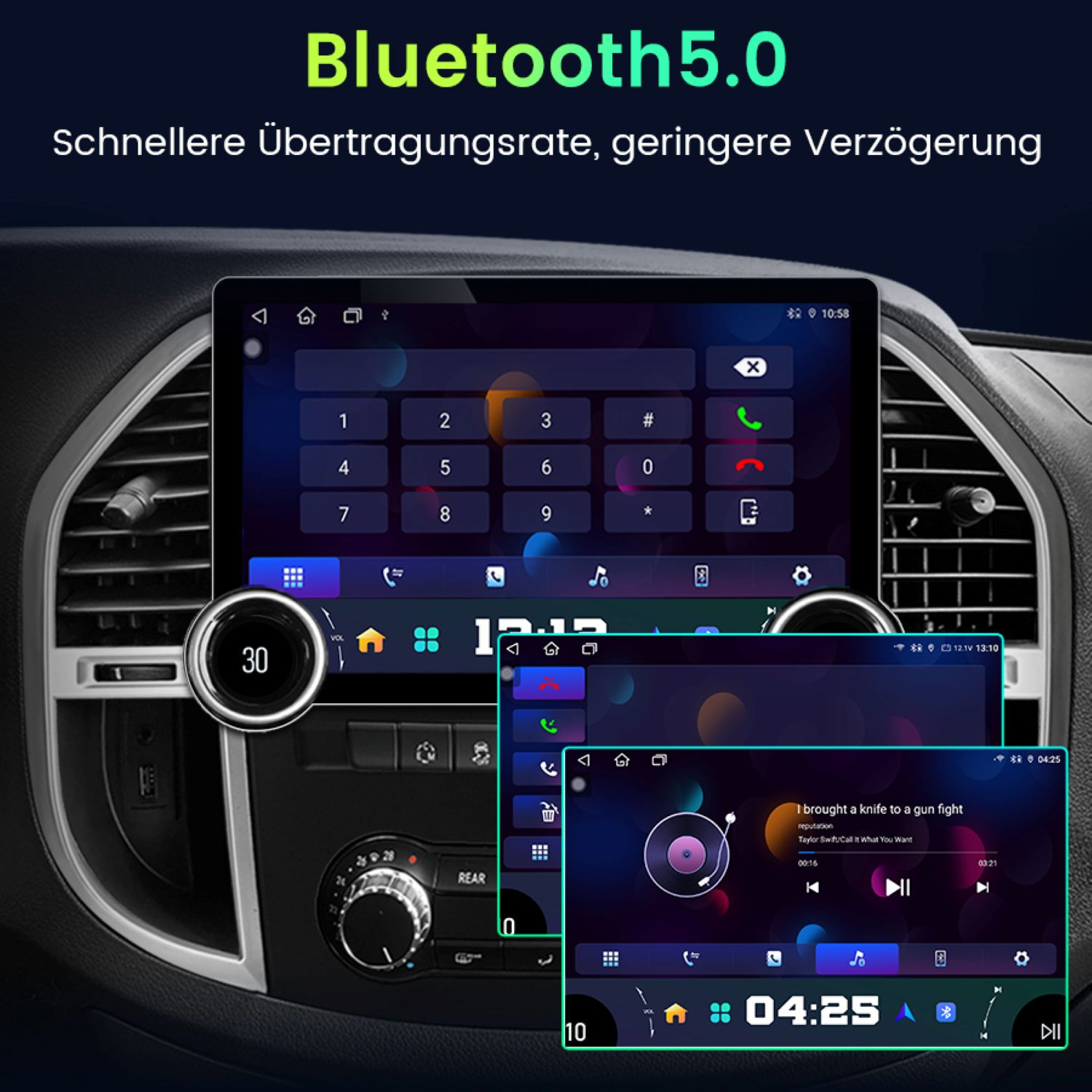 Auto-Armaturenbrett mit Touchscreen-Display mit Wähltastatur und Musik-Player-Oberfläche. Bluetooth 5.0 wird beworben.