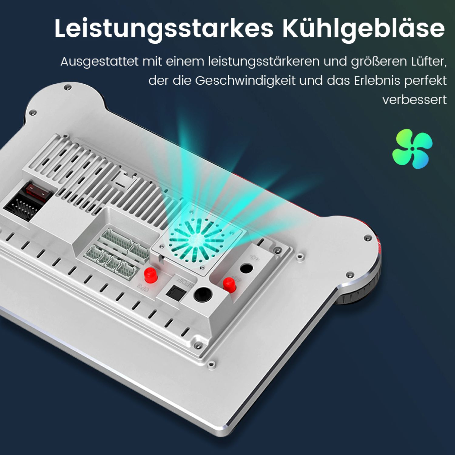 Ein silbernes elektronisches Gerät mit einem Lüfter und mehreren Anschlüssen. Es hat rote Knöpfe und einen dunkelblauen Hintergrund.