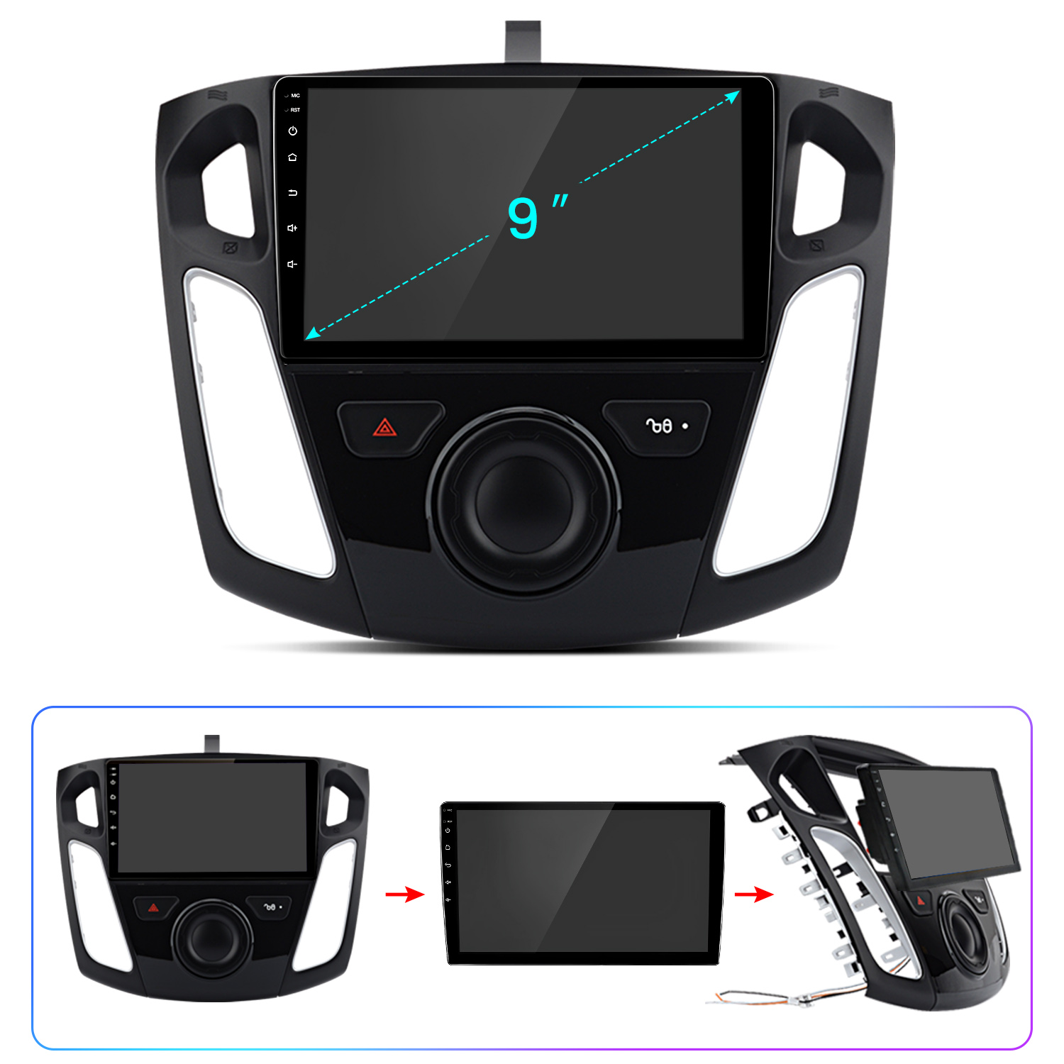 Schwarzes Autoradio mit 9-Zoll-Bildschirm, Tasten und Lautsprecher. Enthält ein Installationsdiagramm. Das Radio ist für einen Ford Focus.