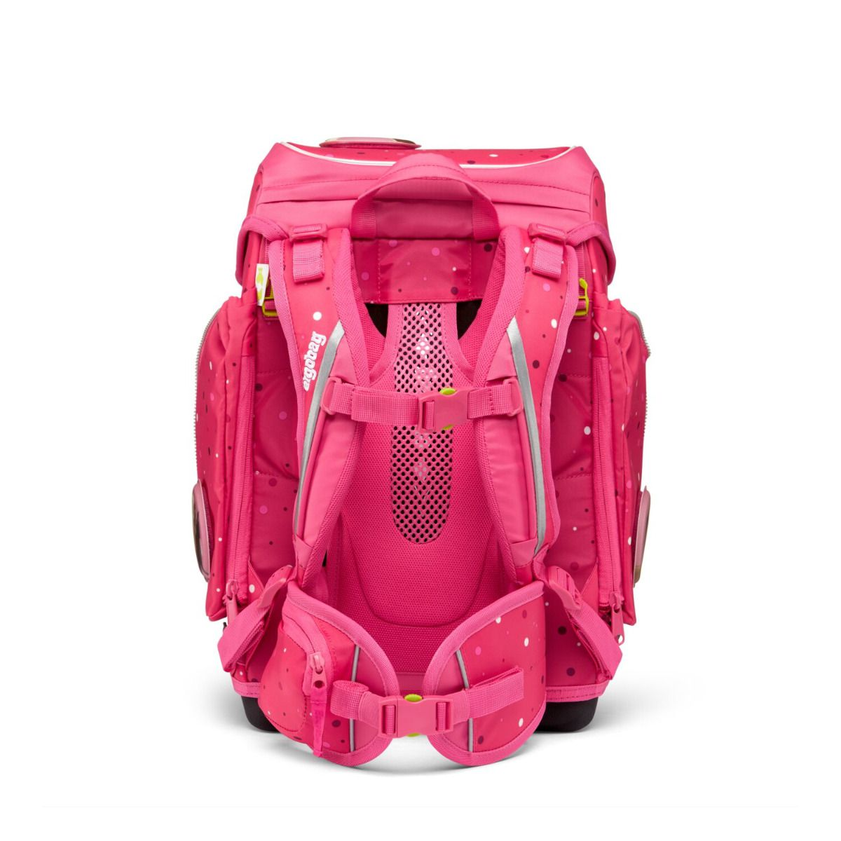 Ein pinkfarbener Schulrucksack mit weißen Punkten. Er hat mehrere Fächer, verstellbare Gurte und eine Netzrückwand.