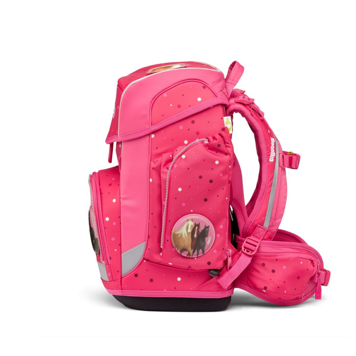 Ein pinkfarbener Rucksack mit weißen Punkten, mit einem Pferdebild. Er hat mehrere Fächer, einen schwarzen Boden und einen reflektierenden Streifen.