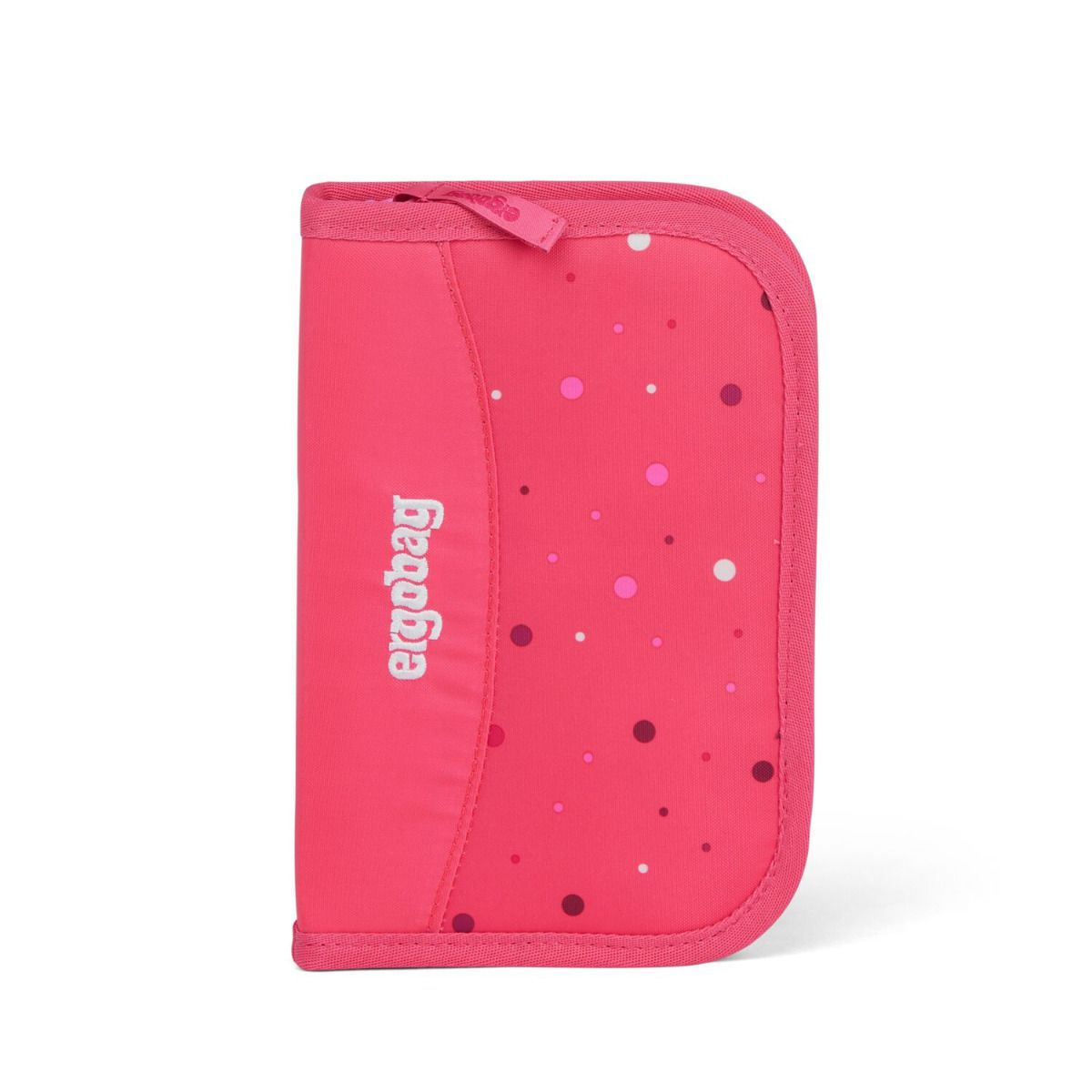 Ein pinkfarbenes Federmäppchen mit dem Schriftzug "ergobag" und weißen, pinken und dunkelpinken Punkten auf der rechten Seite.