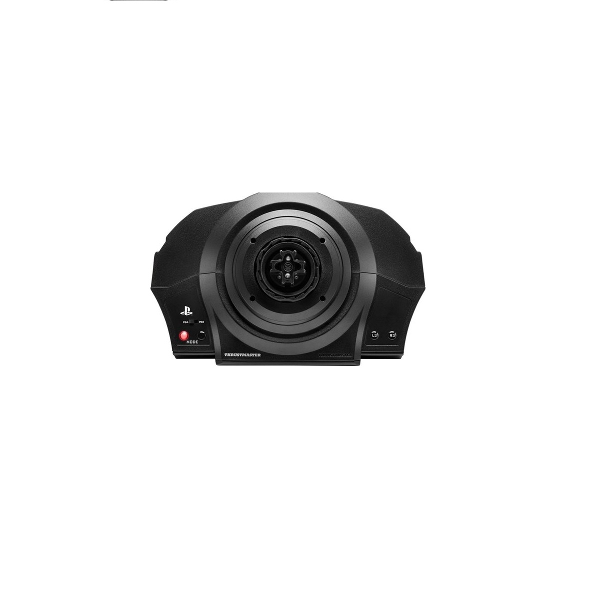 Un volante da corsa Thrustmaster nero, con pulsanti e un mozzo centrale. Ha un logo PlayStation e un pulsante modalità.