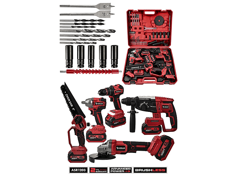 ASSUR 21V Darbeli Kömürsüz 5'li Set Kırıcı Delici Hilti - Somun Sıkma Sökme - Testere - Matkap Vidalama - Taşlama Makinesi