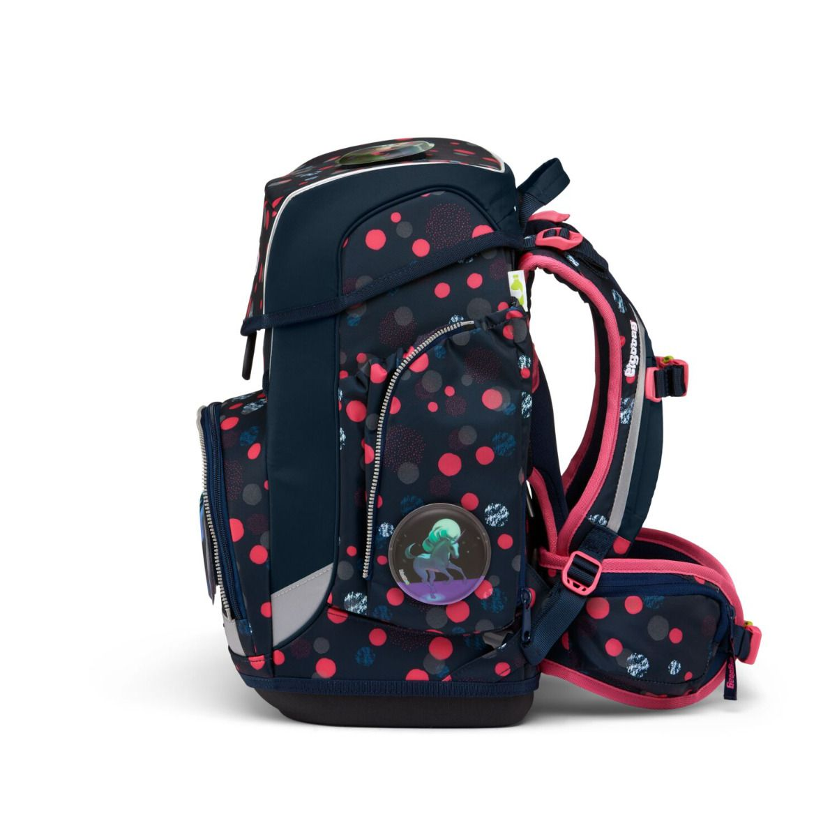 Marineblauer Rucksack mit rosa Punkten und Akzenten. Mit Einhorn-Emblem und gepolsterten Trägern.
