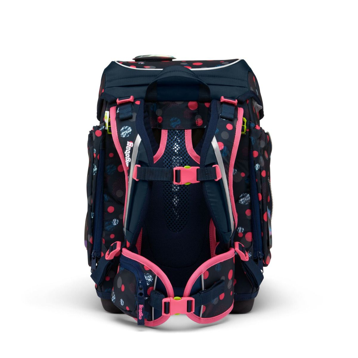 Ein marineblauer Rucksack mit pinkfarbenen Akzenten und Tupfen. Er hat mehrere Fächer, verstellbare Träger und einen Griff.
