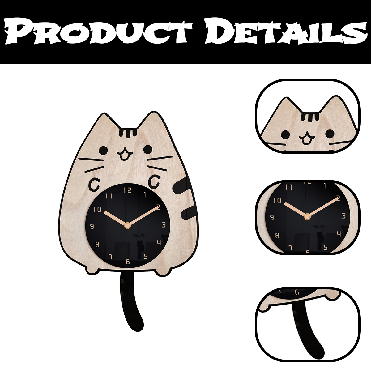 Eine katzenförmige Wanduhr, Holz mit schwarzem Ziffernblatt und schwarzem Schwanz. Details sind Nahaufnahmen der Uhr und des Katzengesichts.