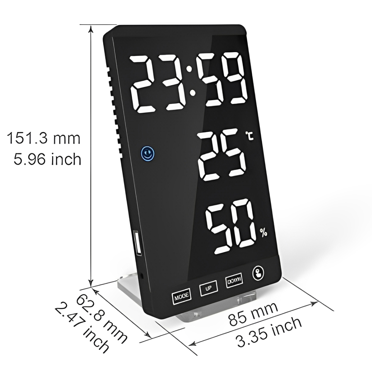 Eine schwarze Digitaluhr zeigt 23:59, 25 Grad und 50% Luftfeuchtigkeit an. Abmessungen sind in mm und Zoll angegeben. Knöpfe sind beschriftet.