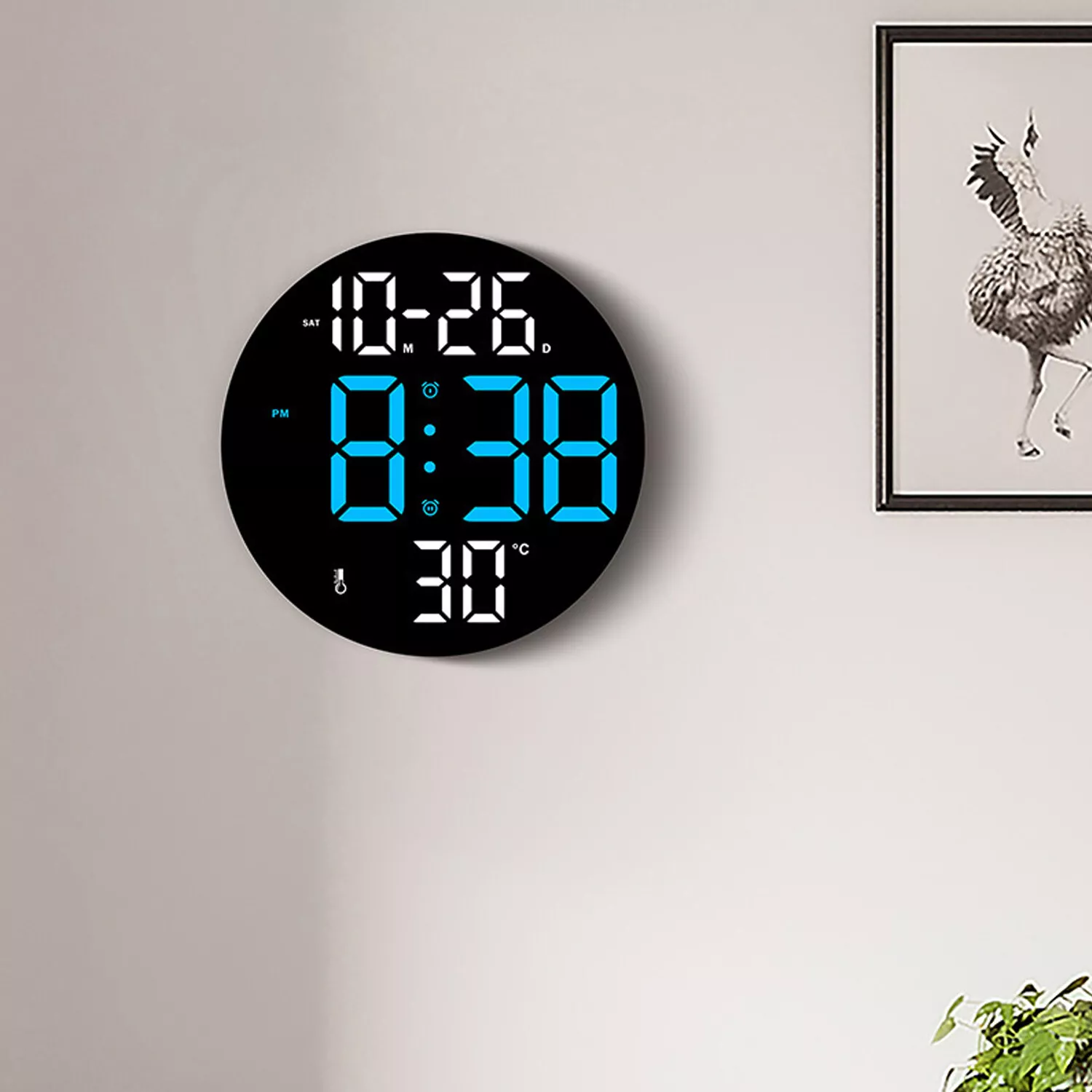Eine Digitaluhr an der Wand zeigt Zeit, Datum und Temperatur. Daneben hängt ein gerahmter Vogeldruck.