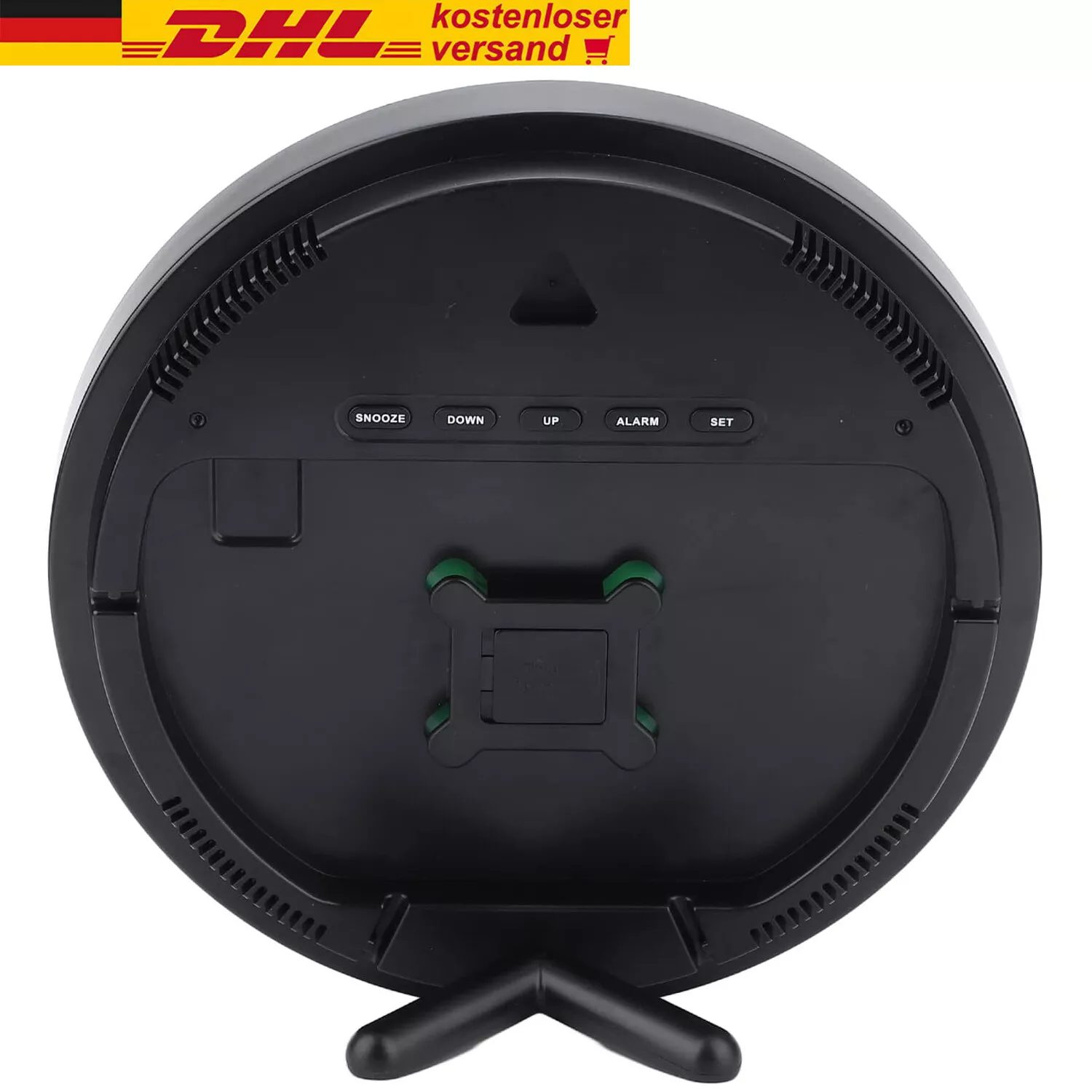 Schwarzer digitaler Wecker mit Knöpfen und Ständer. DHL-Logo im Hintergrund, Hinweis auf kostenlosen Versand.