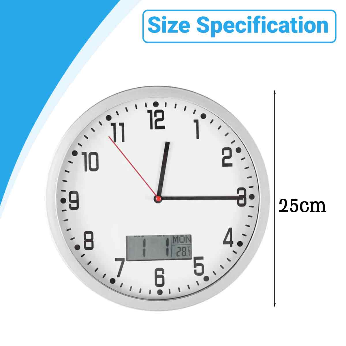 Eine weiße Wanduhr mit schwarzen Zahlen und Zeigern. Sie hat eine Digitalanzeige mit Datum. Die Größe beträgt 25 cm.