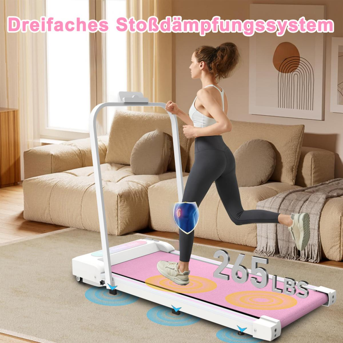 Eine Frau läuft auf einem rosa Laufband. Eine blaue Stoßdämpfungs-Grafik ist auf ihrem Bein. Hintergrund: Sofa und Teppich.