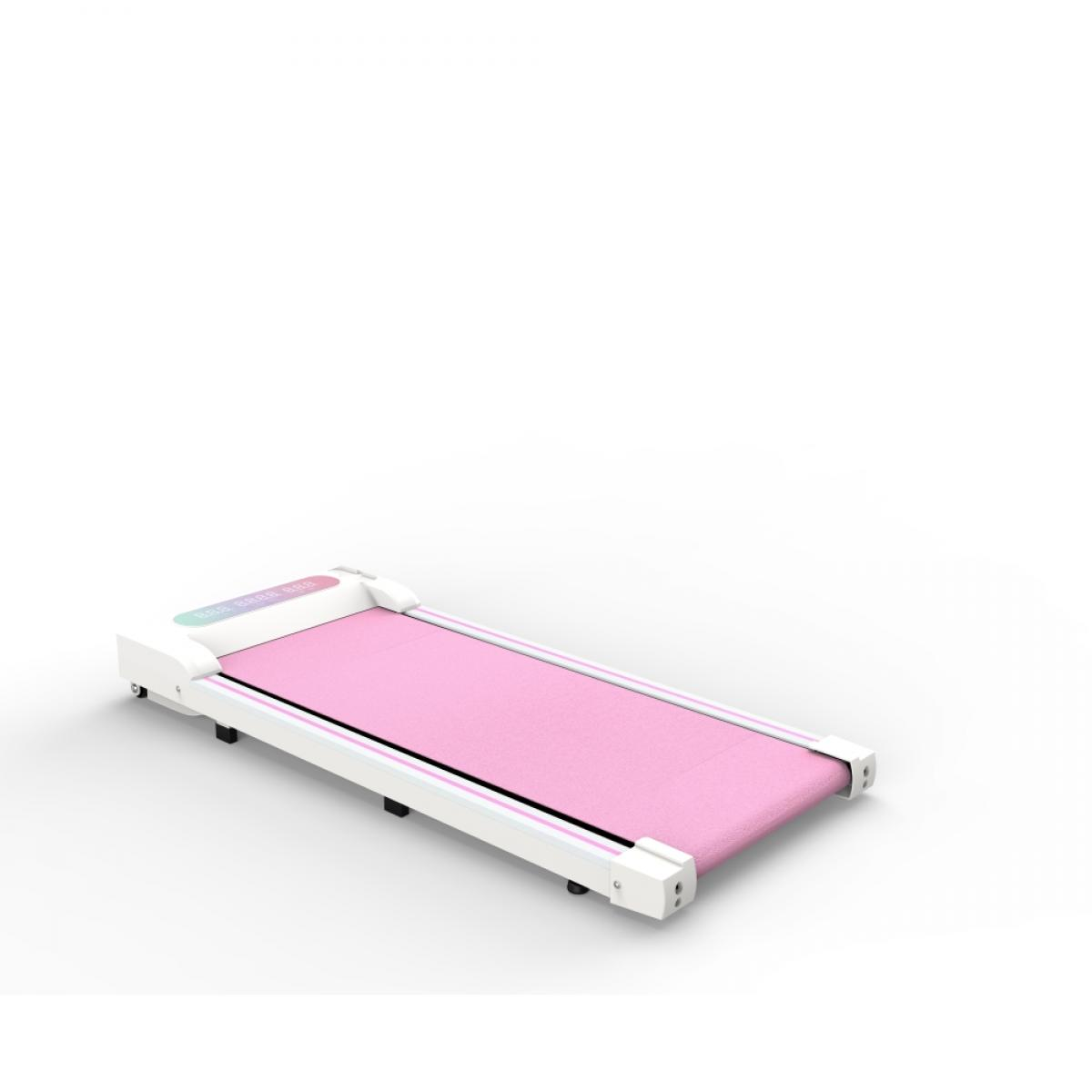 Ein rosa-weißes Laufband steht auf einer weißen Oberfläche. Das Laufband hat ein rosa Band und eine Digitalanzeige.